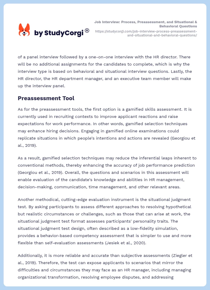 Job Interview: Process, Preassessment, and Situational & Behavioral Questions. Page 2