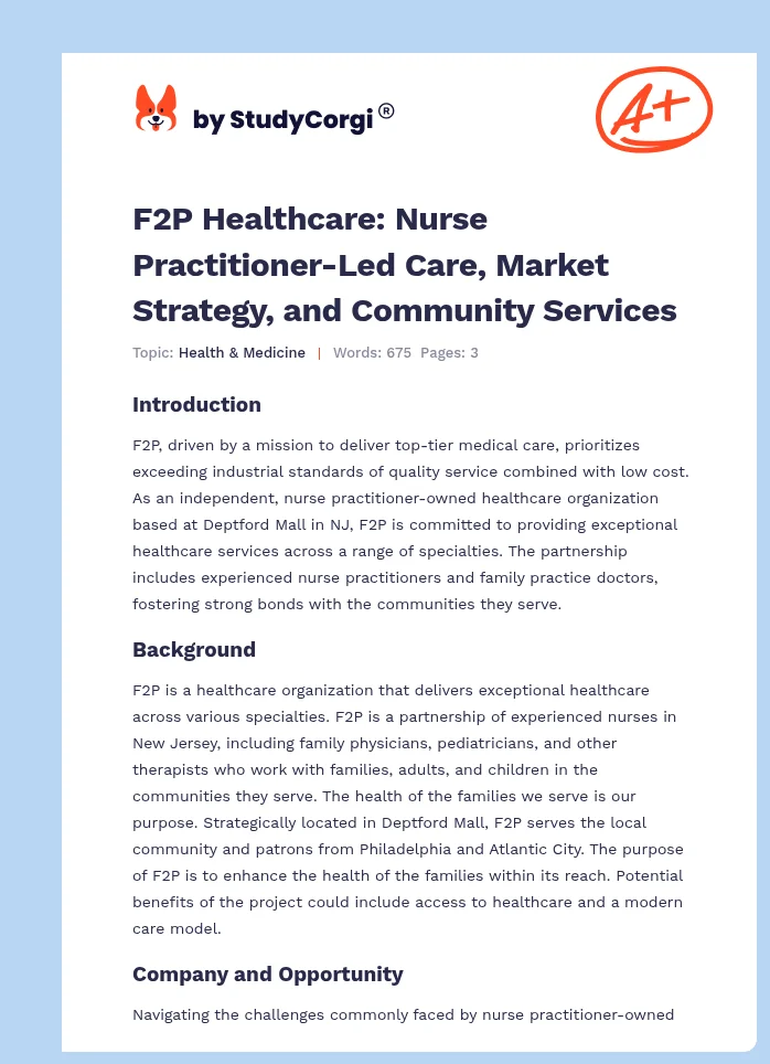 F2P Healthcare: Nurse Practitioner-Led Care, Market Strategy, and Community Services. Page 1