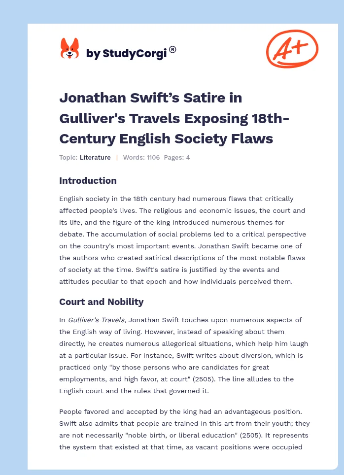 Jonathan Swift’s Satire in Gulliver's Travels Exposing 18th-Century English Society Flaws. Page 1