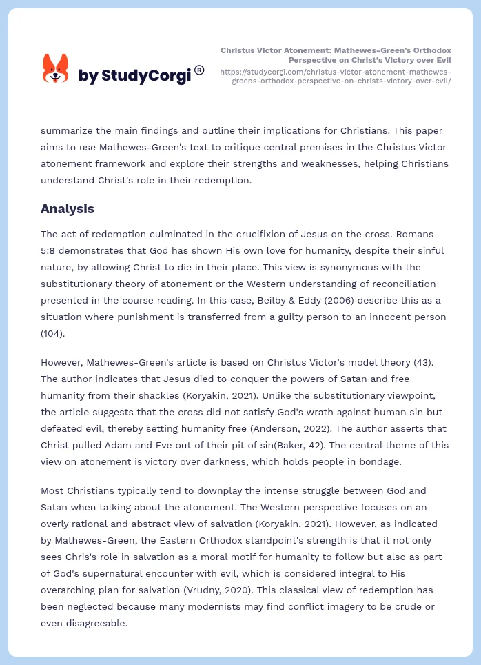 Christus Victor Atonement: Mathewes-Green’s Orthodox Perspective on Christ’s Victory over Evil. Page 2