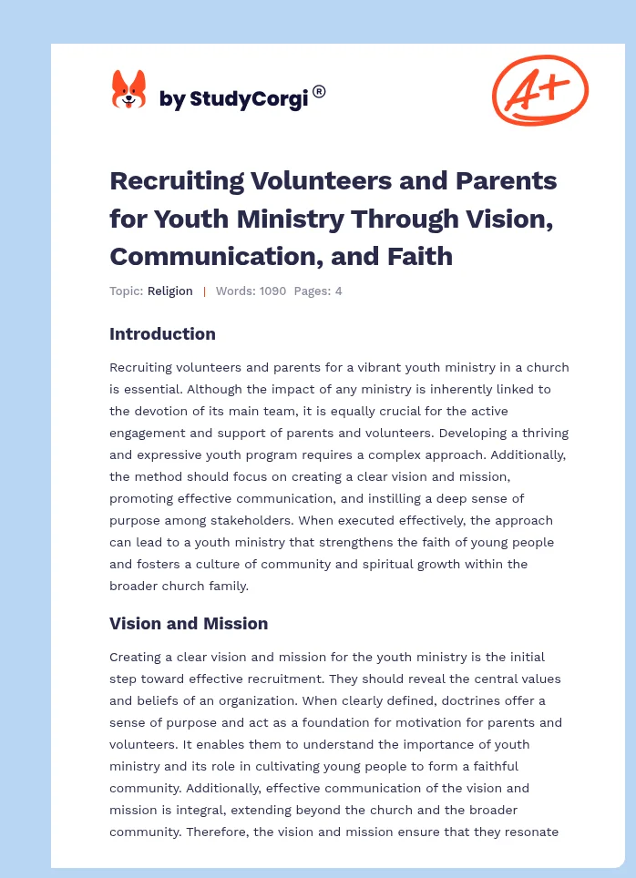 Recruiting Volunteers and Parents for Youth Ministry Through Vision, Communication, and Faith. Page 1