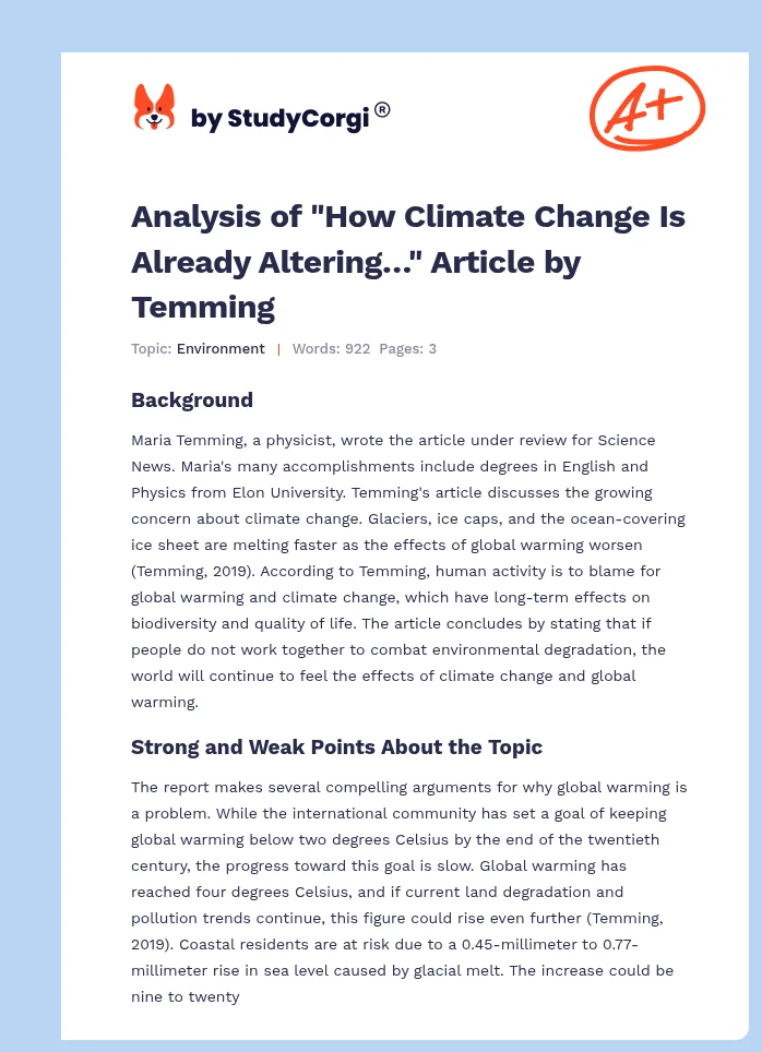 Analysis of "How Climate Change Is Already Altering…" Article by Temming. Page 1