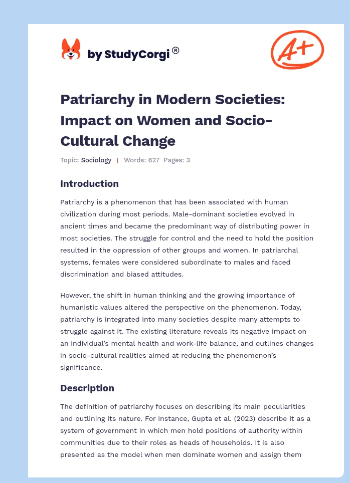 Patriarchy in Modern Societies: Impact on Women and Socio-Cultural Change. Page 1