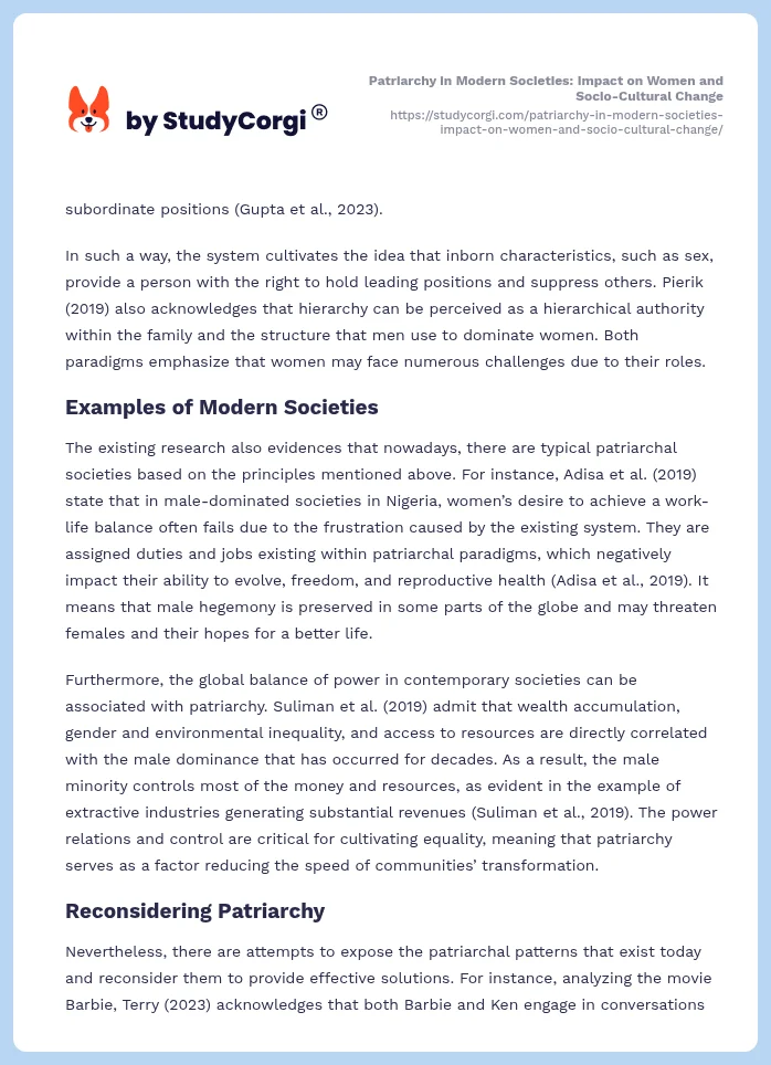 Patriarchy in Modern Societies: Impact on Women and Socio-Cultural Change. Page 2