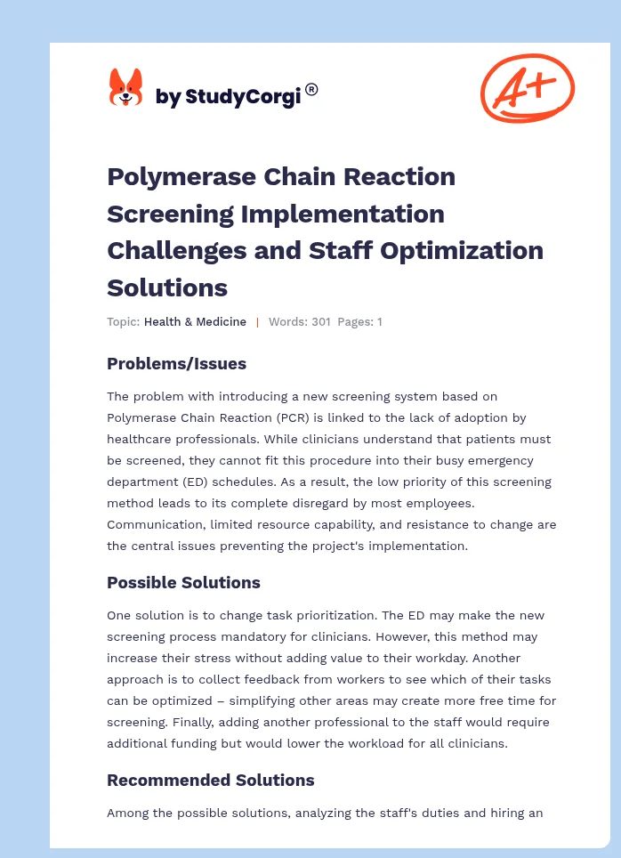 Polymerase Chain Reaction Screening Implementation Challenges and Staff Optimization Solutions. Page 1