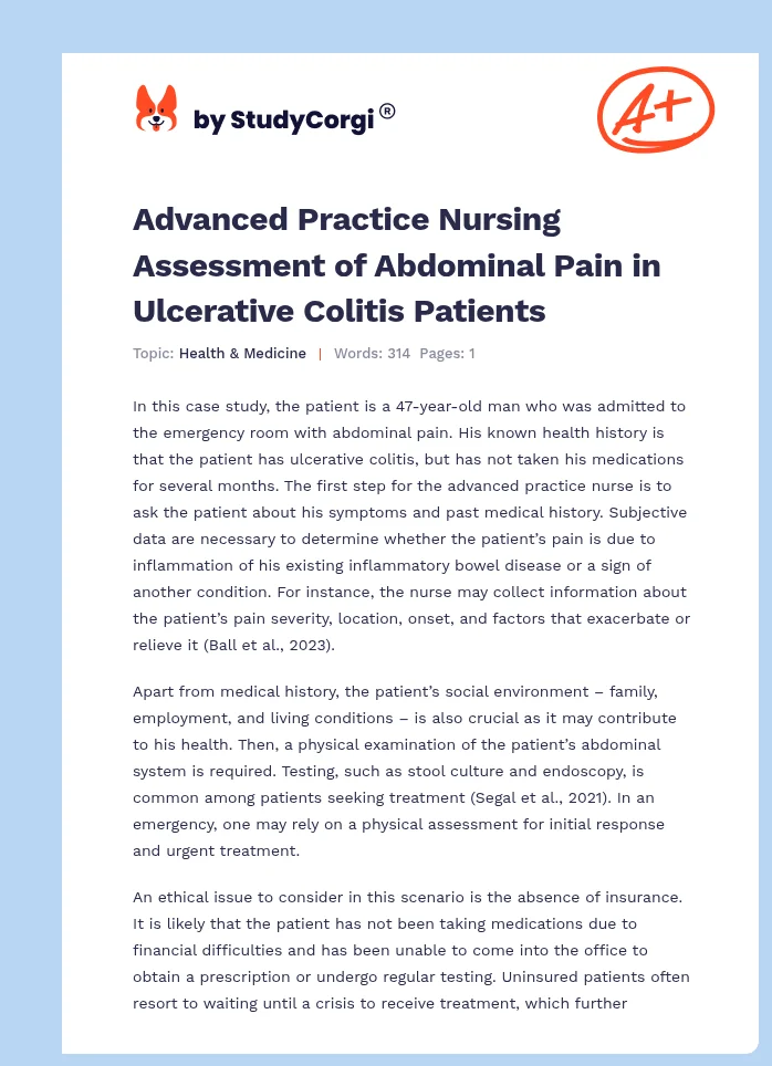 Advanced Practice Nursing Assessment of Abdominal Pain in Ulcerative Colitis Patients. Page 1