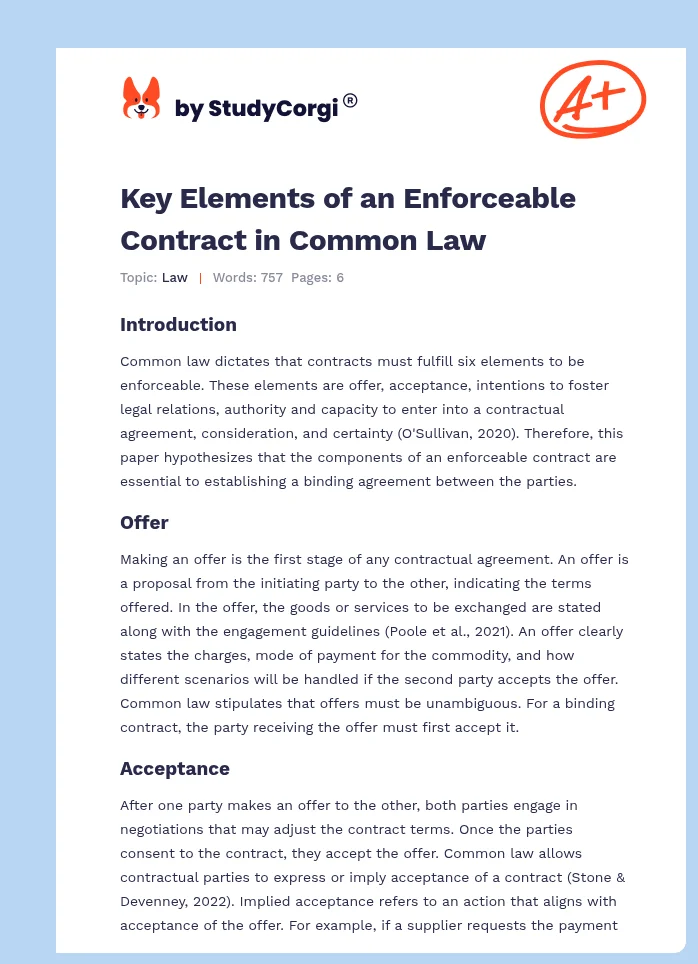 Key Elements of an Enforceable Contract in Common Law. Page 1