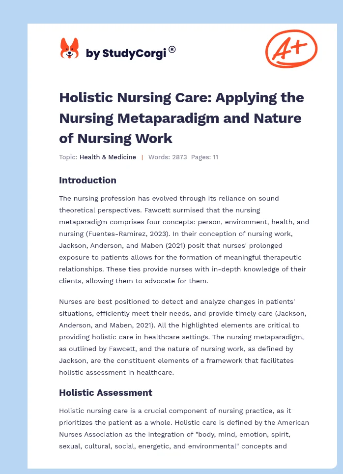 Holistic Nursing Care: Applying the Nursing Metaparadigm and Nature of Nursing Work. Page 1