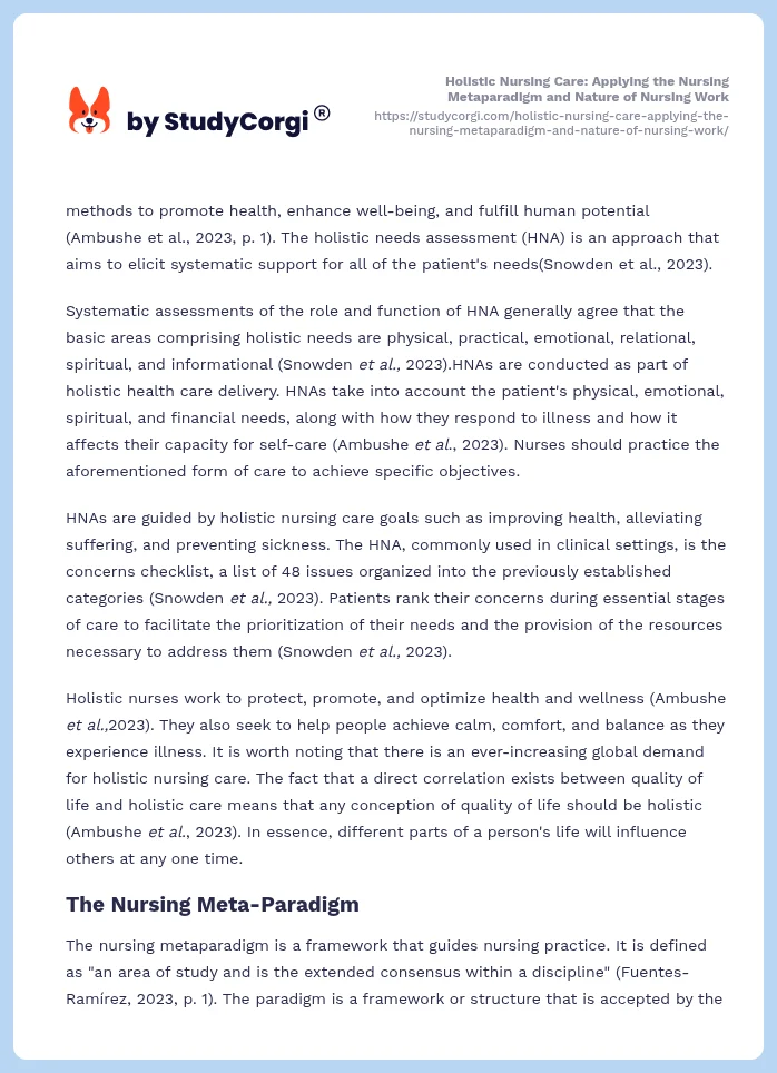 Holistic Nursing Care: Applying the Nursing Metaparadigm and Nature of Nursing Work. Page 2