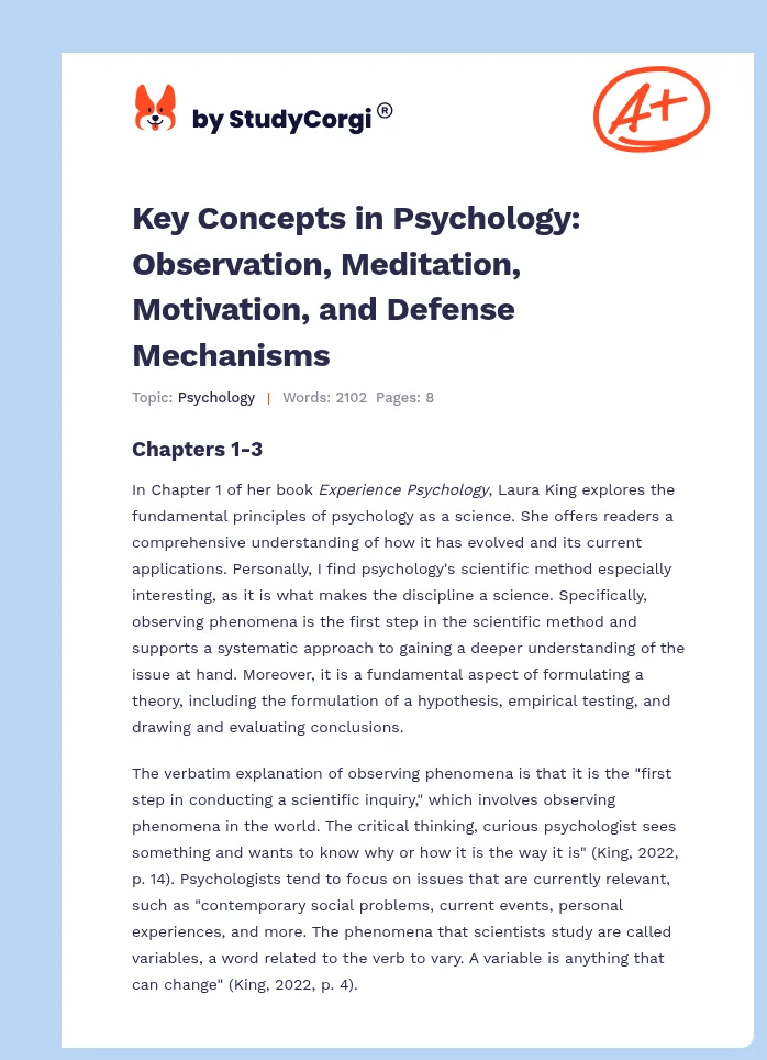 Key Concepts in Psychology: Observation, Meditation, Motivation, and Defense Mechanisms. Page 1