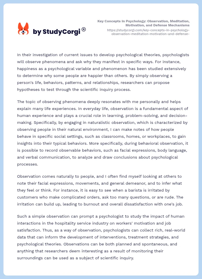 Key Concepts in Psychology: Observation, Meditation, Motivation, and Defense Mechanisms. Page 2
