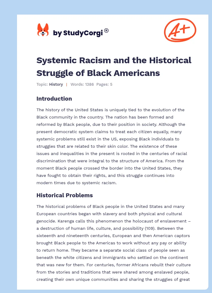Systemic Racism and the Historical Struggle of Black Americans. Page 1