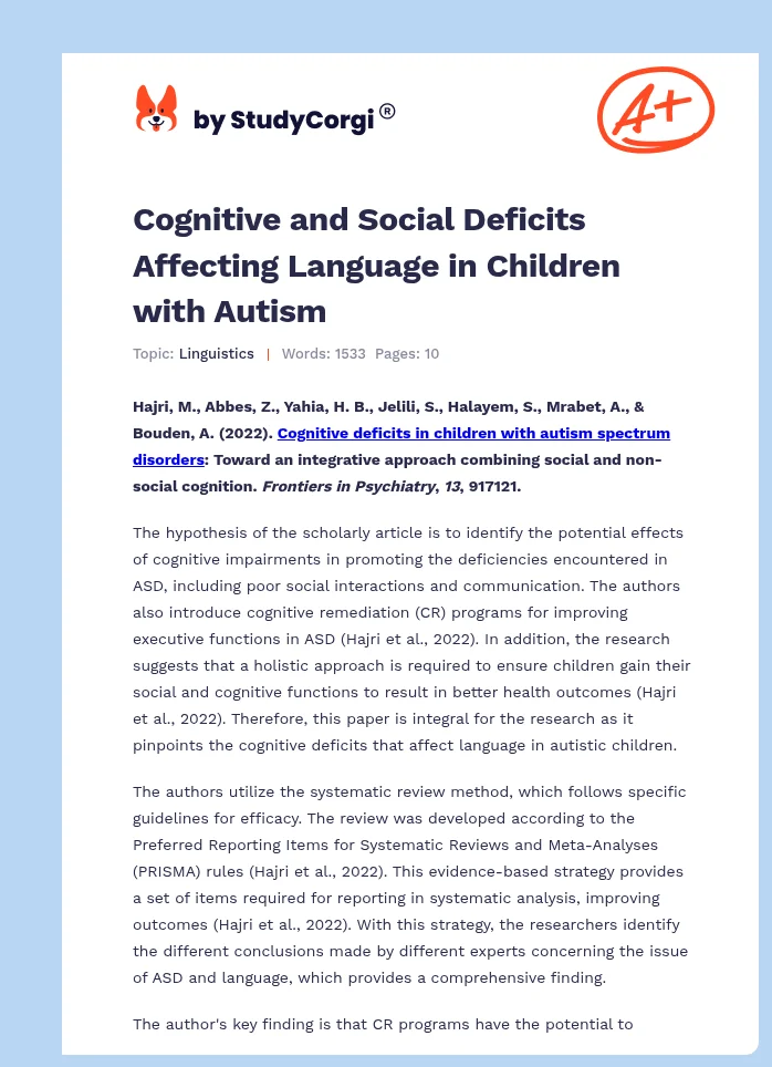 Cognitive and Social Deficits Affecting Language in Children with Autism. Page 1
