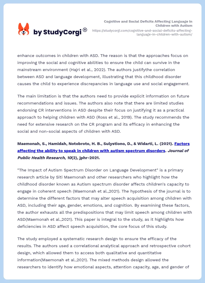 Cognitive and Social Deficits Affecting Language in Children with Autism. Page 2