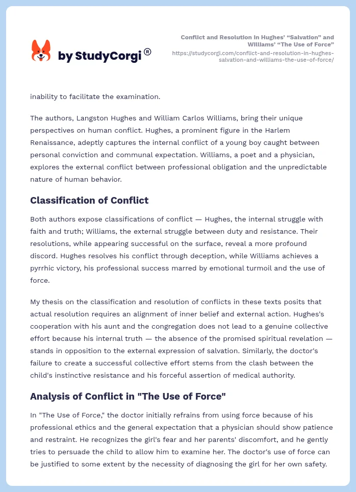 Conflict and Resolution in Hughes’ “Salvation” and Williams’ “The Use of Force”. Page 2