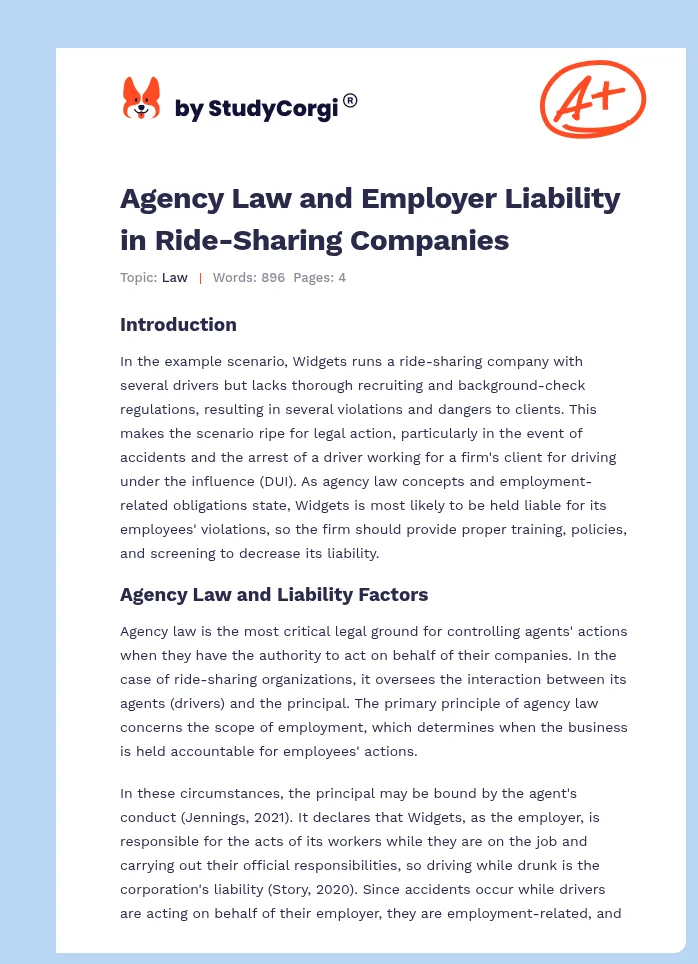 Agency Law and Employer Liability in Ride-Sharing Companies. Page 1
