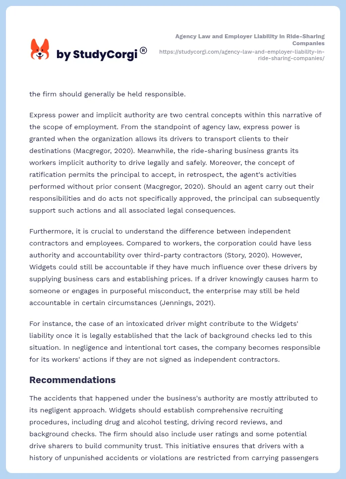 Agency Law and Employer Liability in Ride-Sharing Companies. Page 2