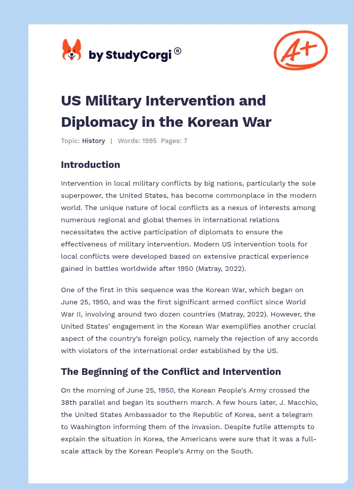 US Military Intervention and Diplomacy in the Korean War. Page 1