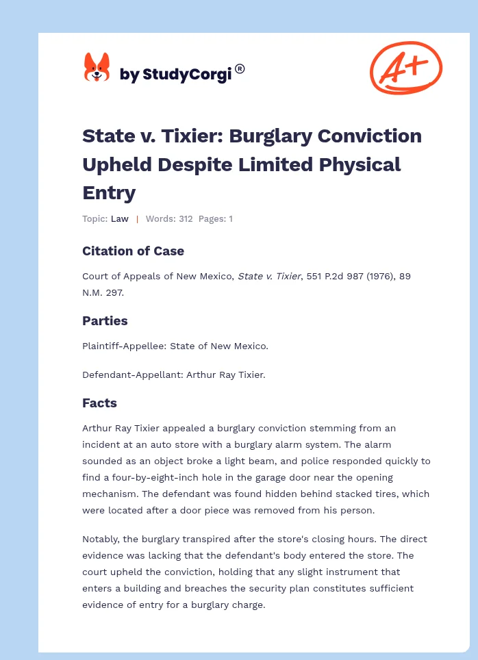 State v. Tixier: Burglary Conviction Upheld Despite Limited Physical Entry. Page 1