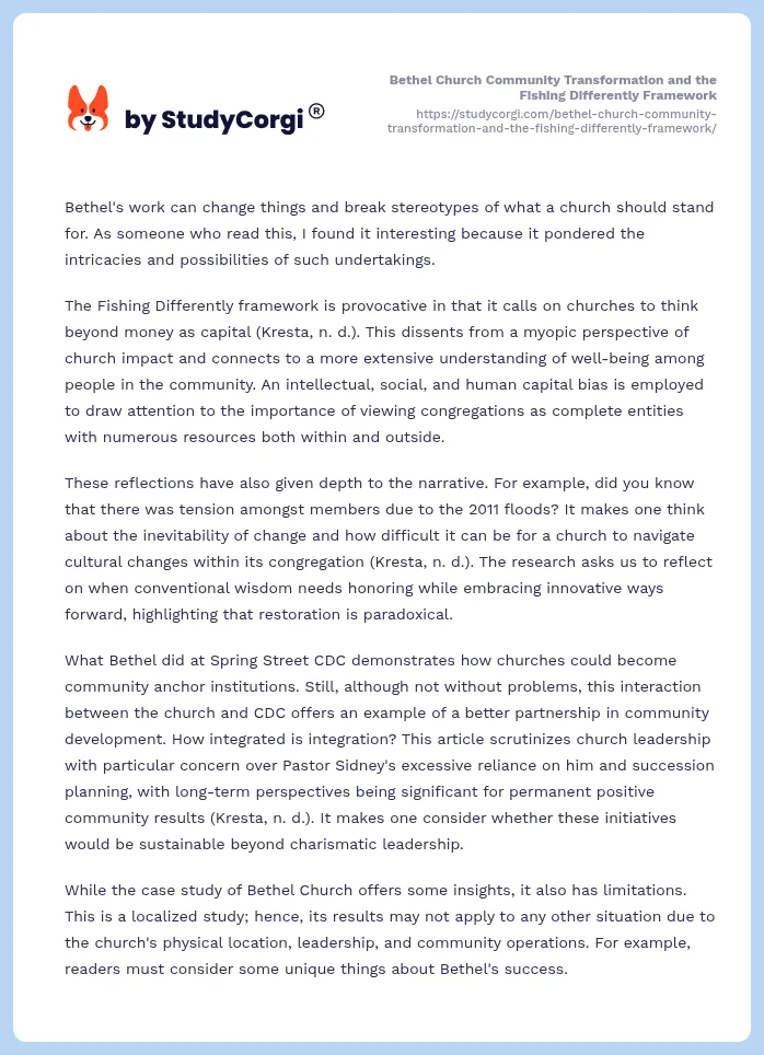 Bethel Church Community Transformation and the Fishing Differently Framework. Page 2