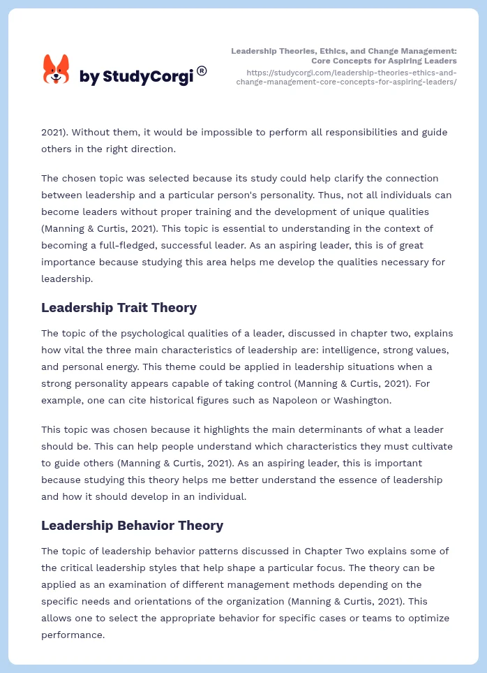 Leadership Theories, Ethics, and Change Management: Core Concepts for Aspiring Leaders. Page 2