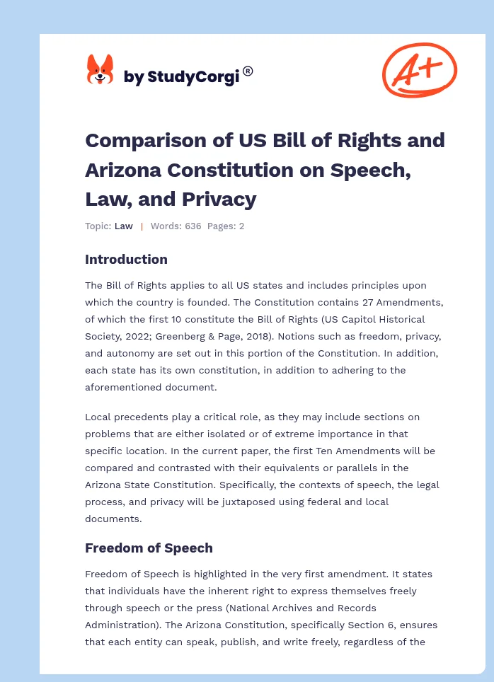 Comparison of US Bill of Rights and Arizona Constitution on Speech, Law, and Privacy. Page 1