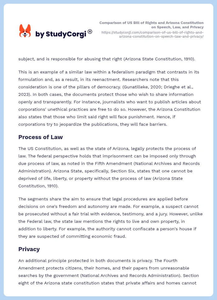 Comparison of US Bill of Rights and Arizona Constitution on Speech, Law, and Privacy. Page 2
