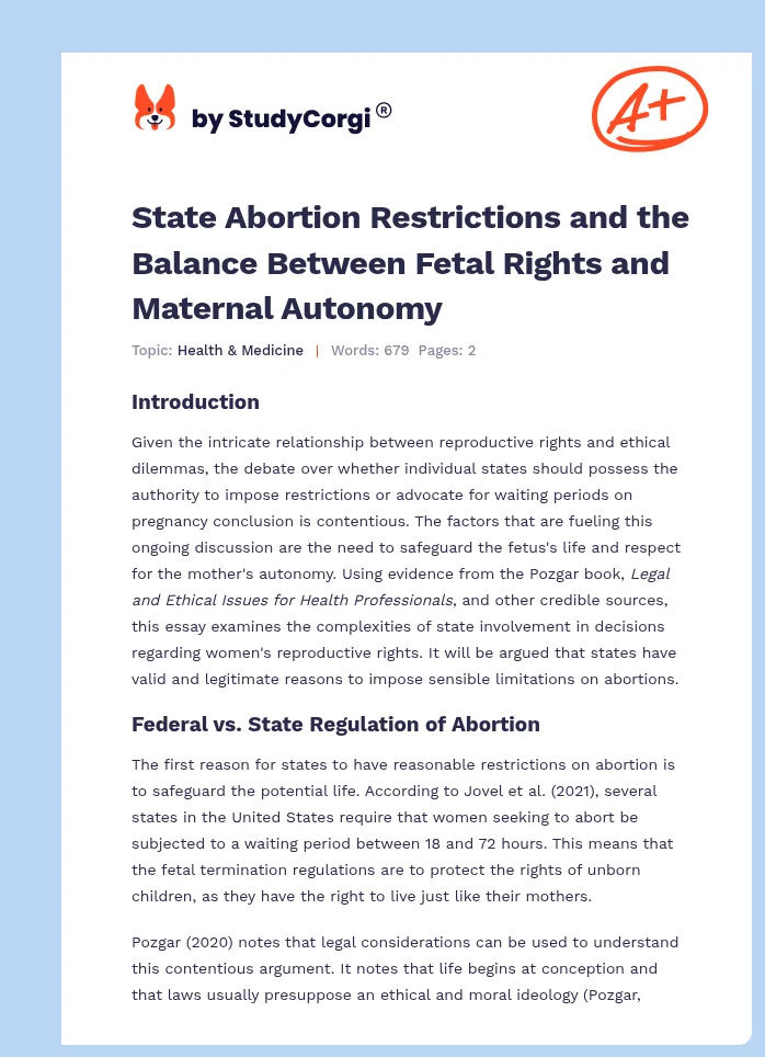 State Abortion Restrictions and the Balance Between Fetal Rights and Maternal Autonomy. Page 1