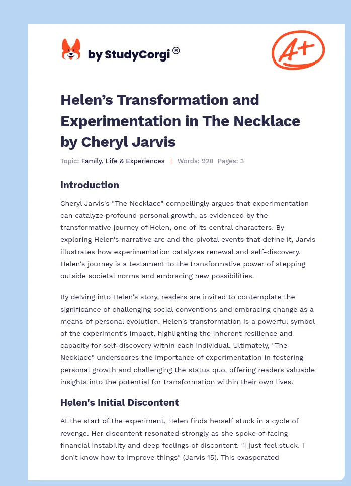 Helen’s Transformation and Experimentation in The Necklace by Cheryl Jarvis. Page 1
