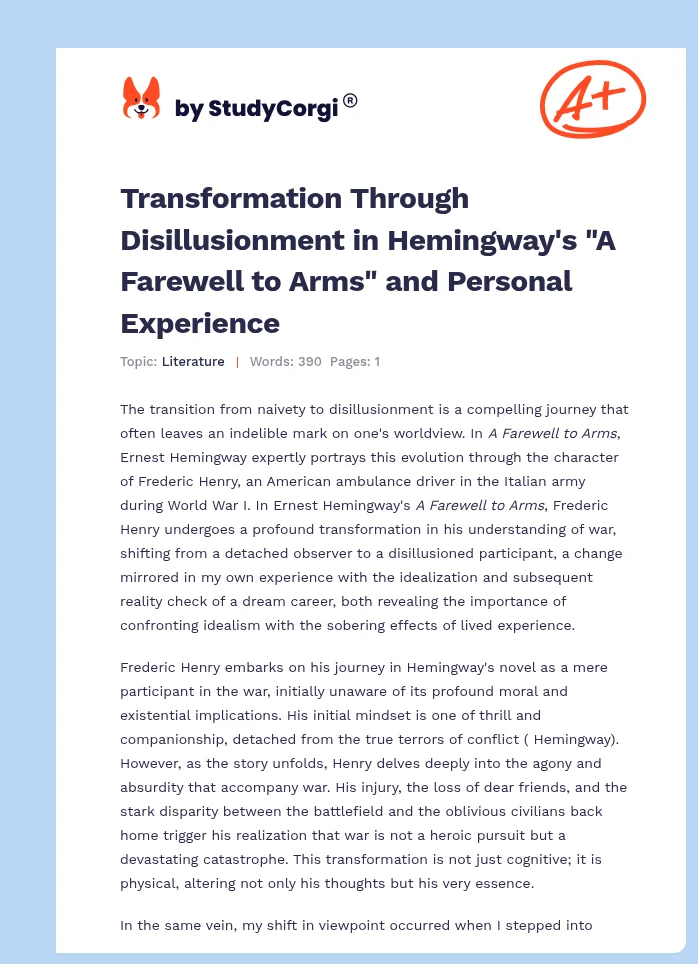 Transformation Through Disillusionment in Hemingway's "A Farewell to Arms" and Personal Experience. Page 1