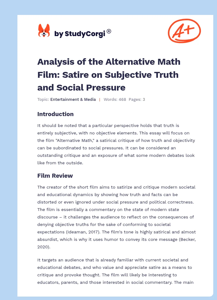 Analysis of the Alternative Math Film: Satire on Subjective Truth and Social Pressure. Page 1