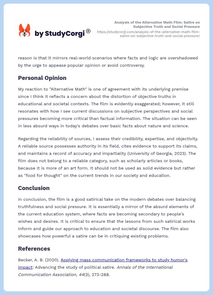 Analysis of the Alternative Math Film: Satire on Subjective Truth and Social Pressure. Page 2