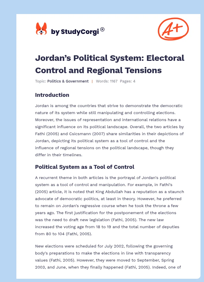 Jordan’s Political System: Electoral Control and Regional Tensions. Page 1