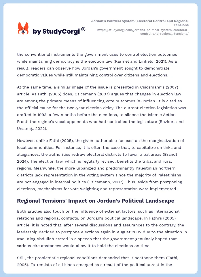 Jordan’s Political System: Electoral Control and Regional Tensions. Page 2