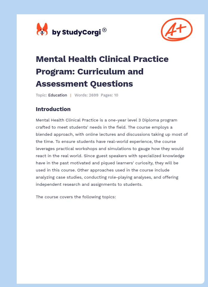 Mental Health Clinical Practice Program: Curriculum and Assessment Questions. Page 1