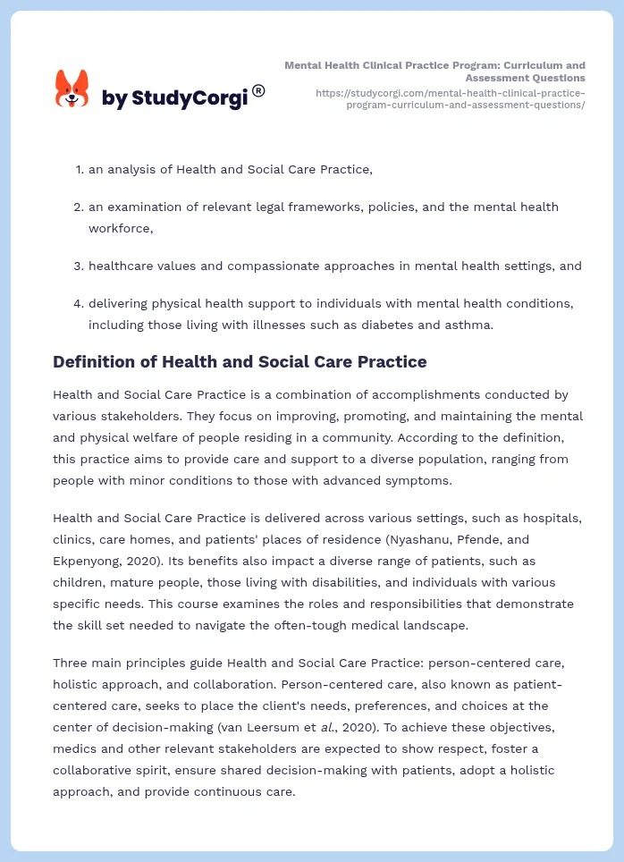 Mental Health Clinical Practice Program: Curriculum and Assessment Questions. Page 2