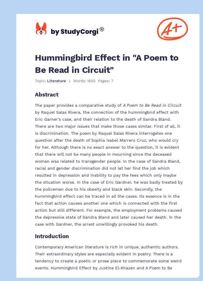 Hummingbird Effect in "A Poem to Be Read in Circuit". Page 1