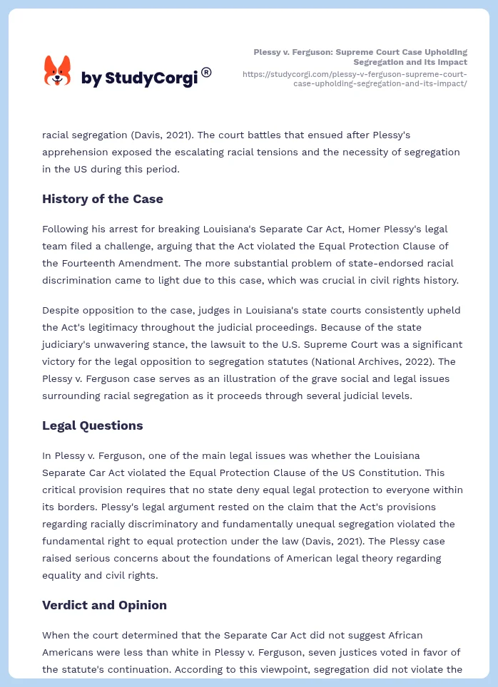 Plessy v. Ferguson: Supreme Court Case Upholding Segregation and Its Impact. Page 2