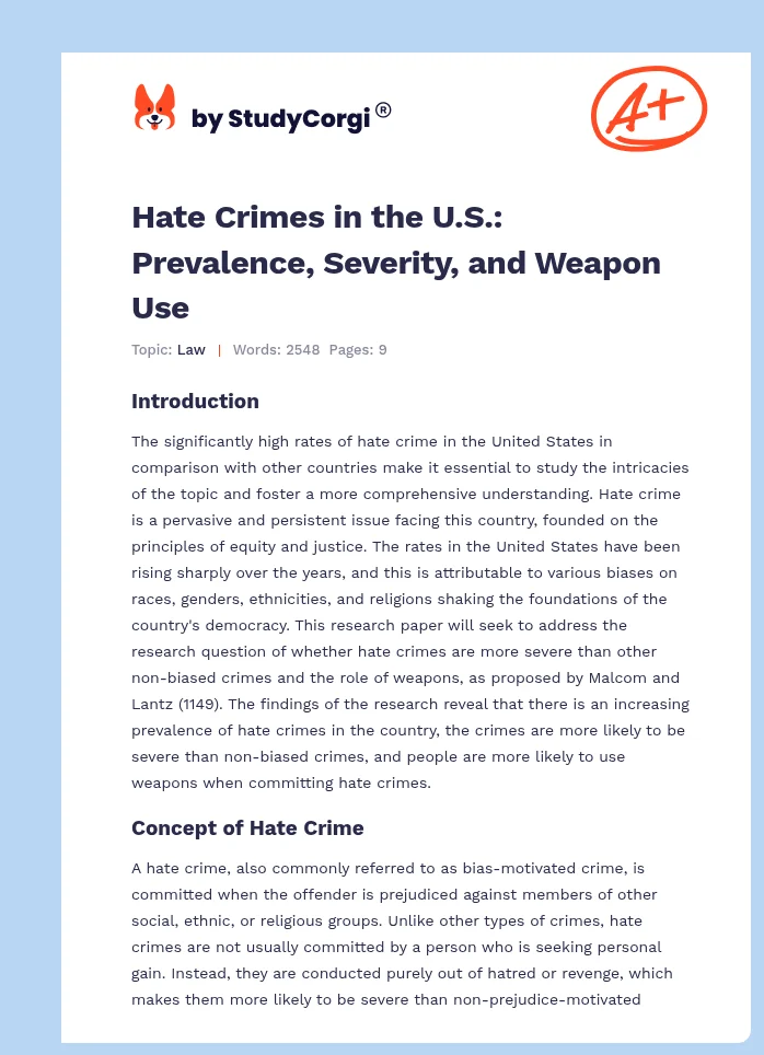 Hate Crimes in the U.S.: Prevalence, Severity, and Weapon Use. Page 1