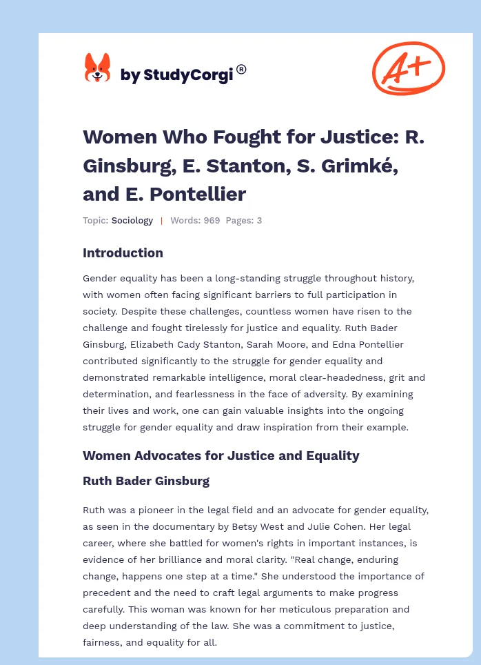 Women Who Fought for Justice: R. Ginsburg, E. Stanton, S. Grimké, and E. Pontellier. Page 1