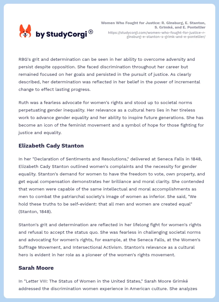Women Who Fought for Justice: R. Ginsburg, E. Stanton, S. Grimké, and E. Pontellier. Page 2