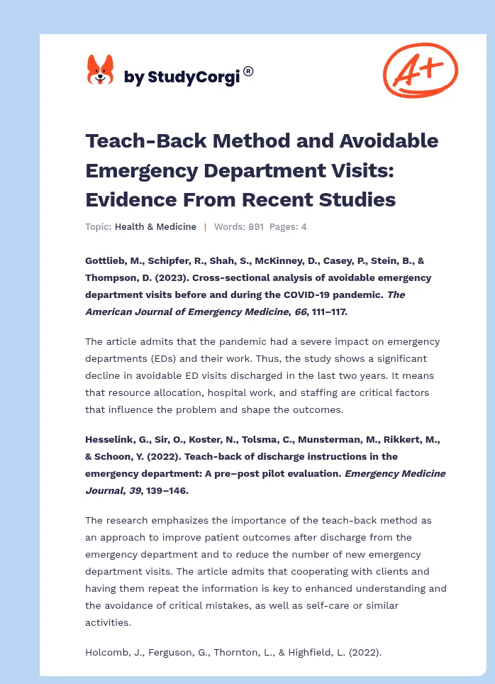 Teach-Back Method and Avoidable Emergency Department Visits: Evidence From Recent Studies. Page 1