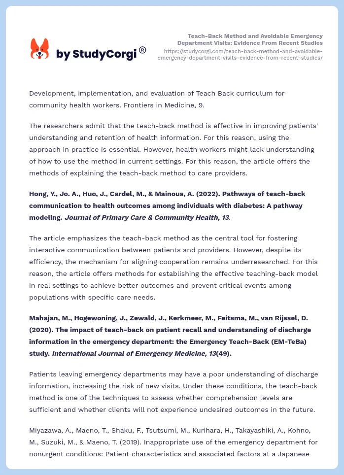 Teach-Back Method and Avoidable Emergency Department Visits: Evidence From Recent Studies. Page 2
