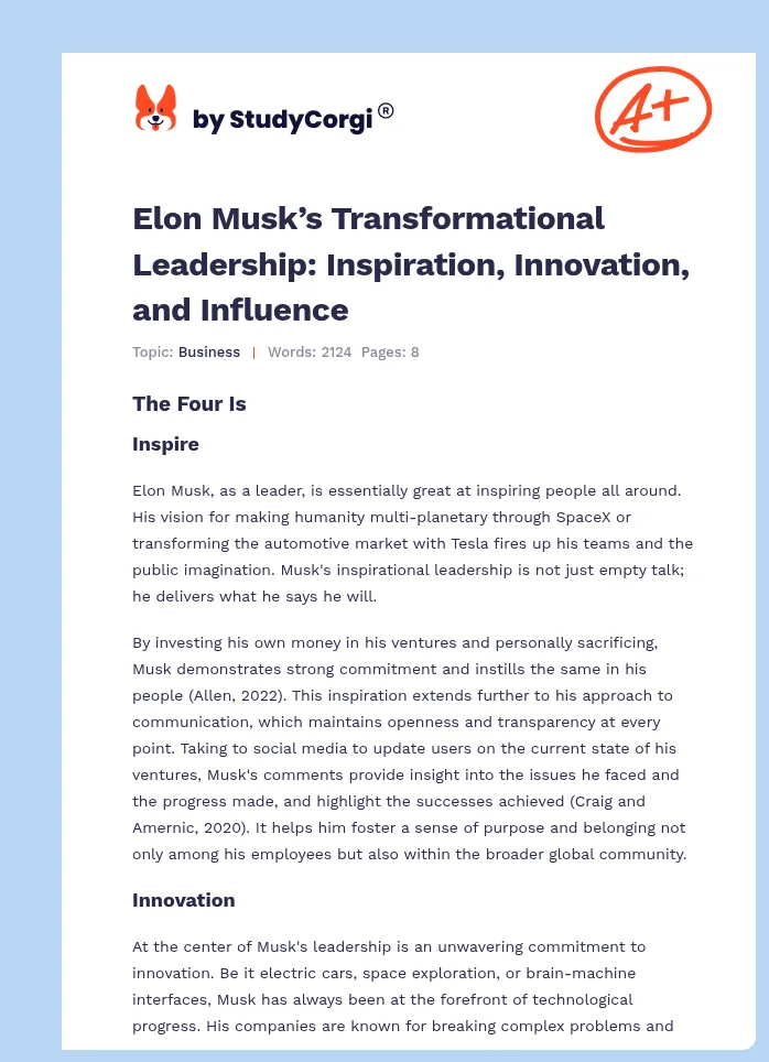 Elon Musk’s Transformational Leadership: Inspiration, Innovation, and Influence. Page 1