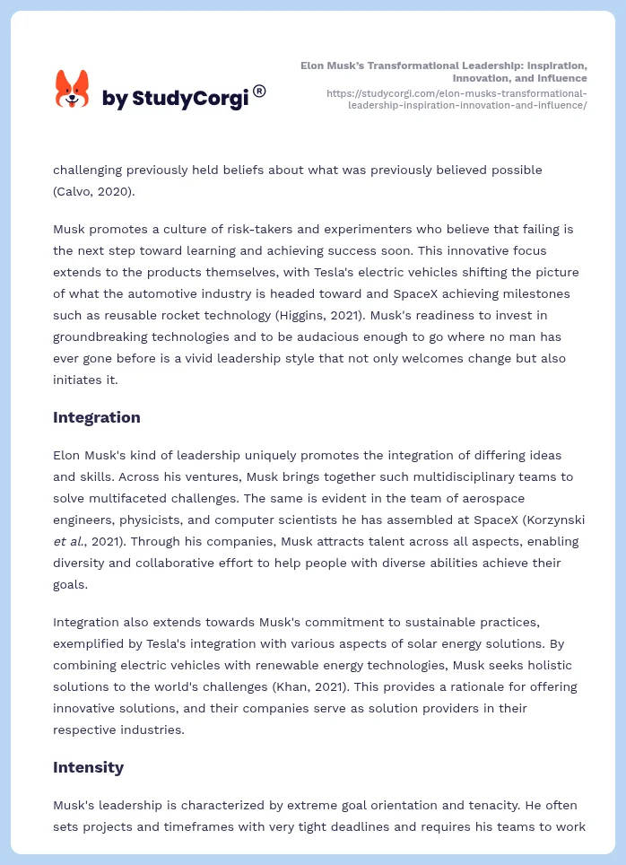 Elon Musk’s Transformational Leadership: Inspiration, Innovation, and Influence. Page 2