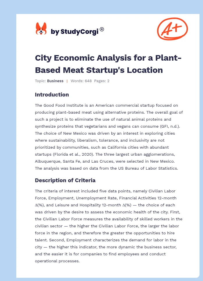 City Economic Analysis for a Plant-Based Meat Startup's Location. Page 1