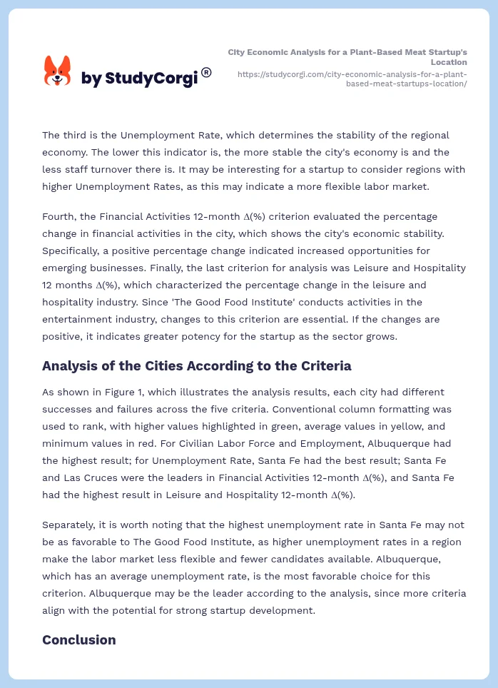 City Economic Analysis for a Plant-Based Meat Startup's Location. Page 2