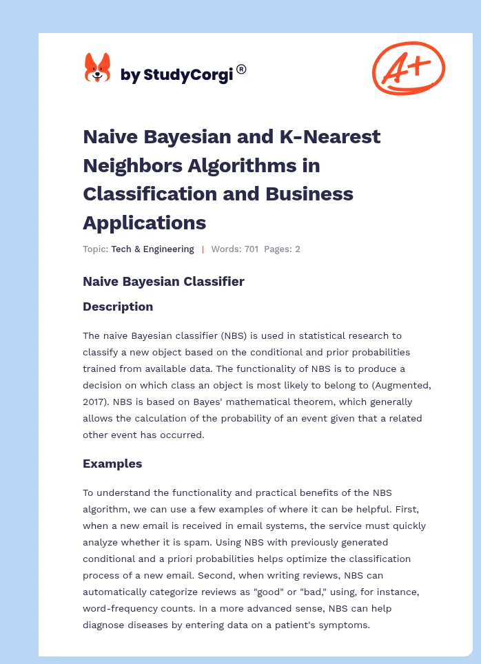 Naive Bayesian and K-Nearest Neighbors Algorithms in Classification and Business Applications. Page 1