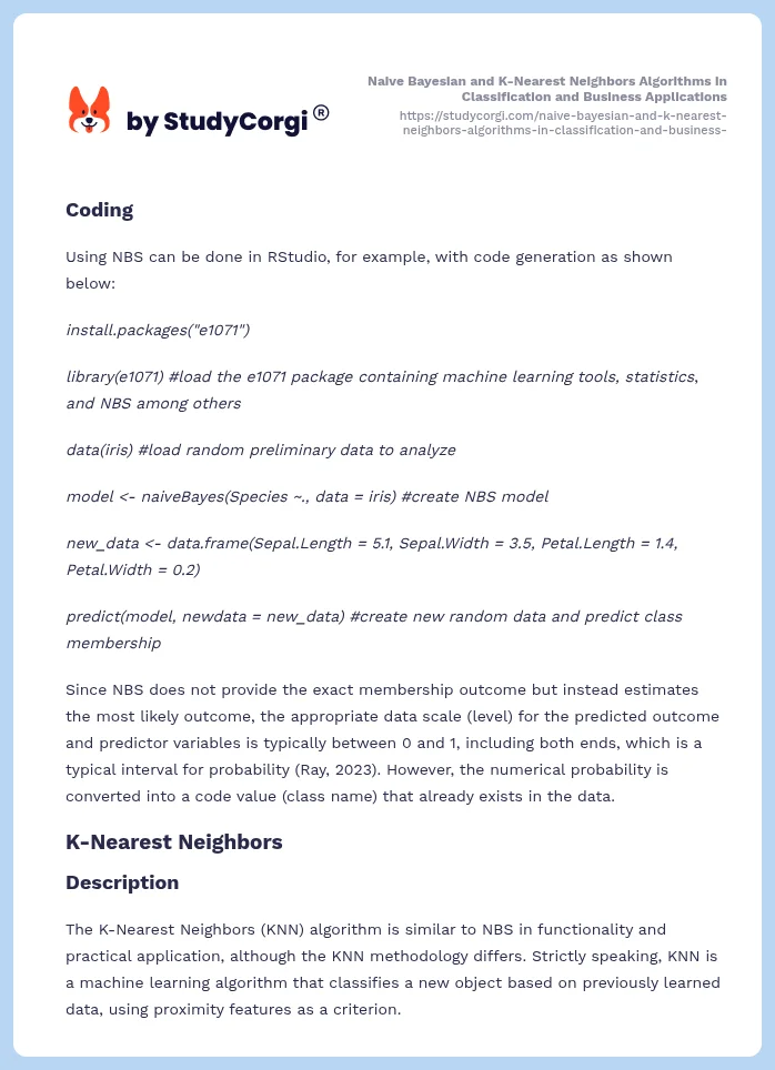 Naive Bayesian and K-Nearest Neighbors Algorithms in Classification and Business Applications. Page 2