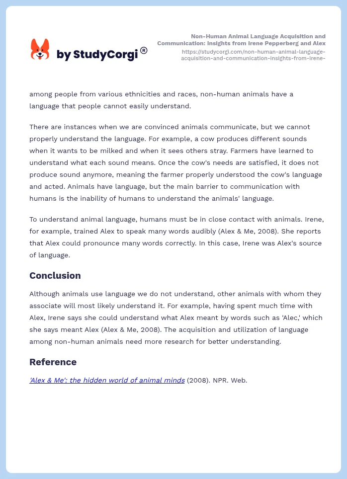 Non-Human Animal Language Acquisition and Communication: Insights from Irene Pepperberg and Alex. Page 2